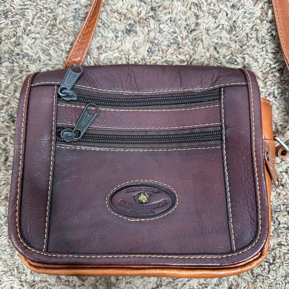 Puro Cuero Leather Ranch Brown Crossbody Bag Two Tone Small Messenger READ